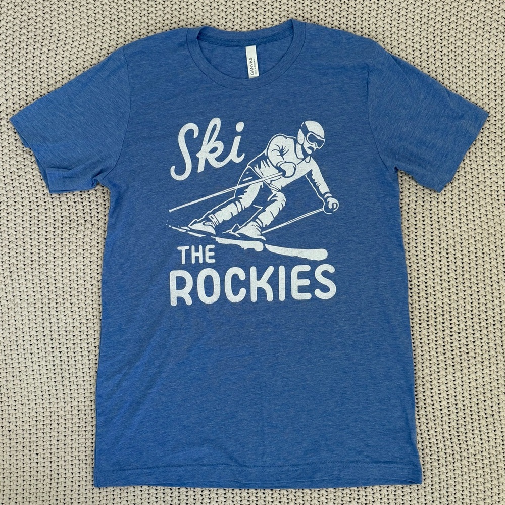 Ski The Rockies T-Shirt | Men’s Unisex Medium | Blue | Bella Canvas
